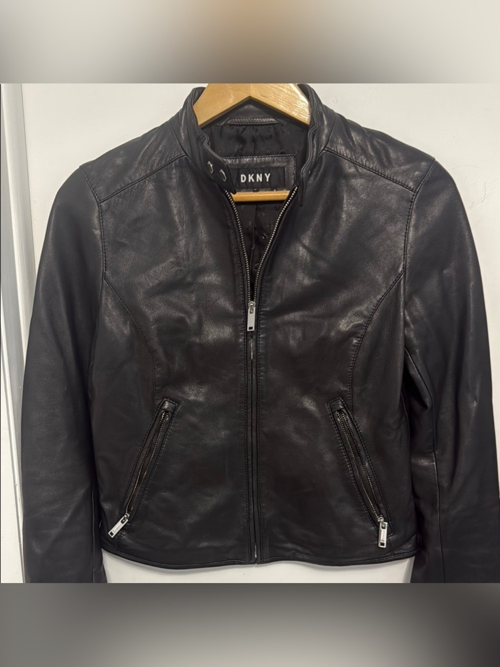 DKNY Women's Black Leather Zip-Front Jacket